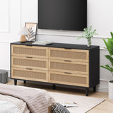 NTYUNRR Black Rattan Dresser, 6 Drawer Double Dresser for Bedroom, 59.06" Rattan Dresser for Closet, 6 Drawer Dresser Chest of Dressers Storage Cabinet with Metal Handles, TV Stands for Living Room, L NTYUNRR