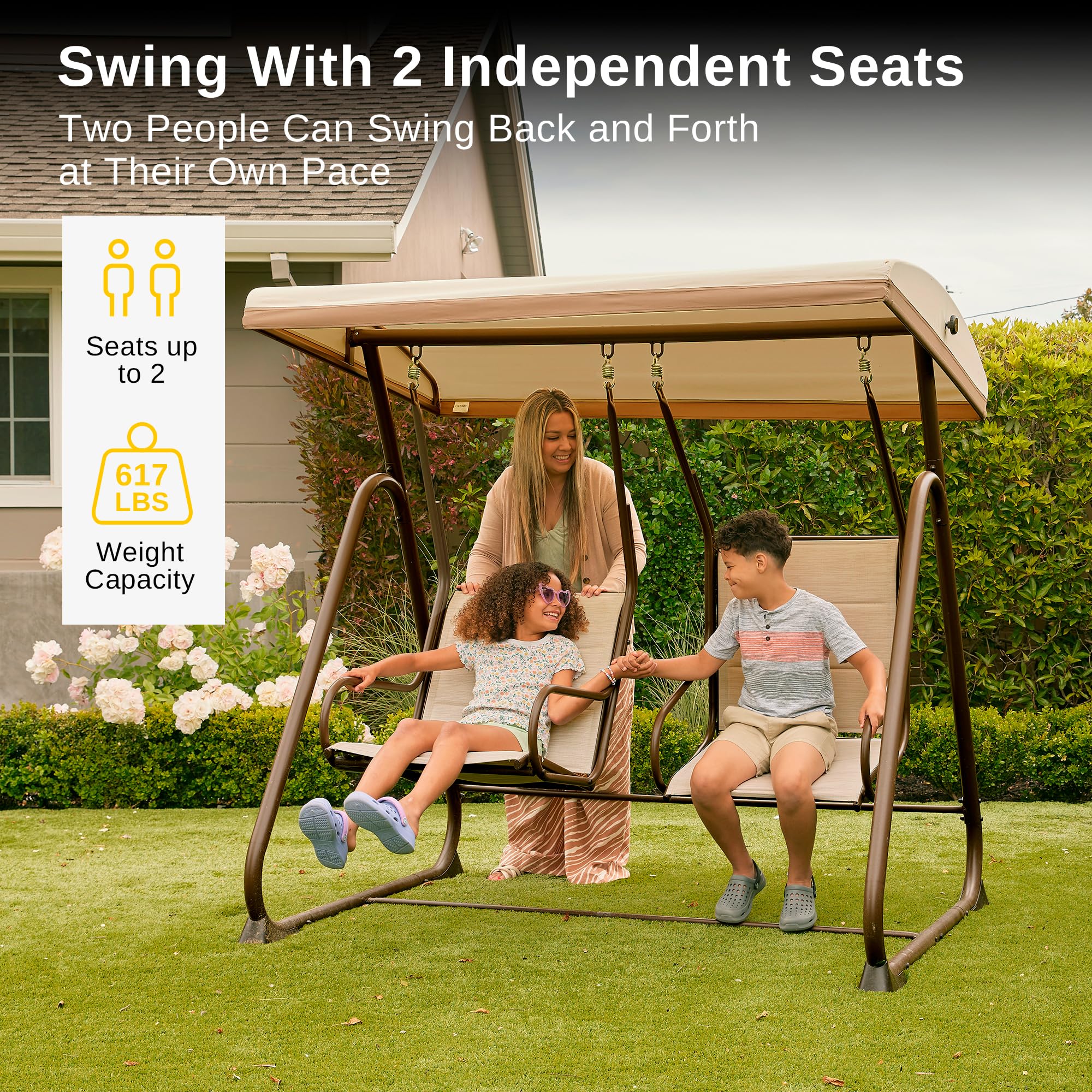 East Oak 2 Person Outdoor Patio Swing Chair with Adjustable Canopy Porch Swing with Comfortable and Breathable Seats Independent Swing Chairs for