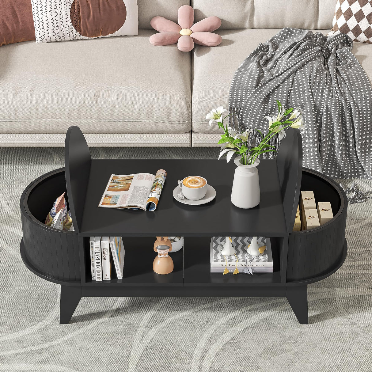 Coffee Table with 2 Hidden Storage,Mid Century Modern Coffee Table with Fluted Finish,Wood Center Tables Oval Coffee Tables with Flip-Top Lids for Living Room Home Office (Black) Mxtxmy