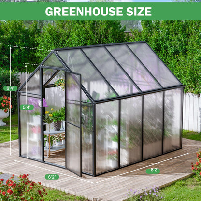 CDCASA 8.2x6.2 FT Greenhouse for Outdoors, Easy Assembly Aluminum Heavy Duty Polycarbonate Greenhouses w/Vent Window, Swing Door, Walk-in Green House for Sunroom Patio, Backyard, Garden,Black