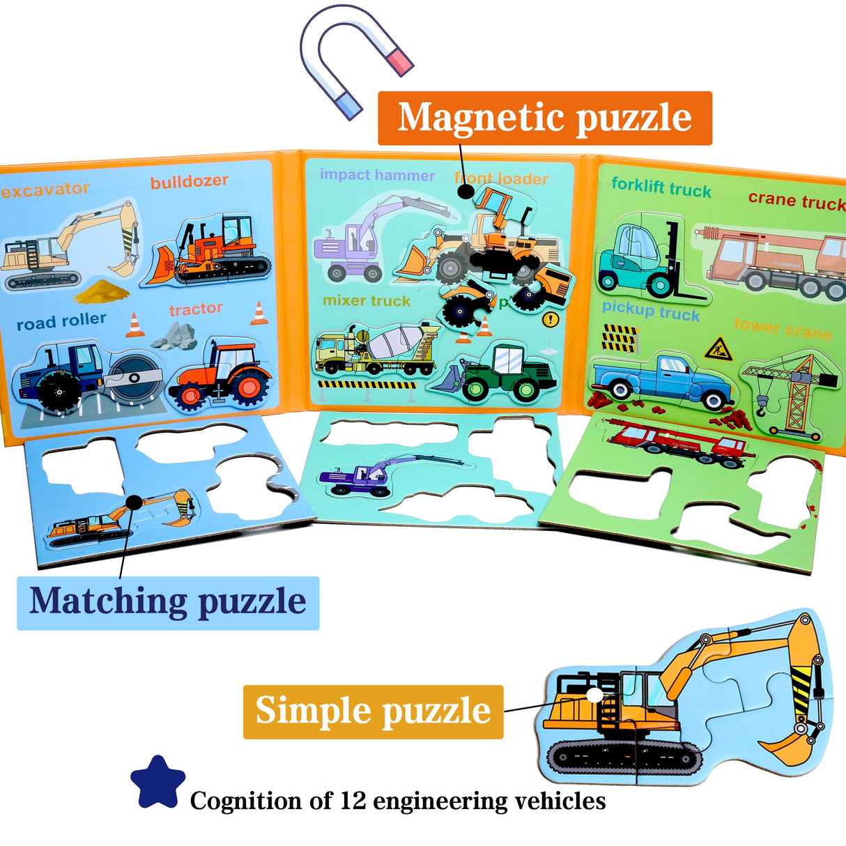 Magnetic Puzzles for Kids Ages 1-3, Travel Toddler Puzzles Ages 2-4 Year, Excavator Refrigerator Magnet for Kids Learning Gift for Road Trip QimuMku