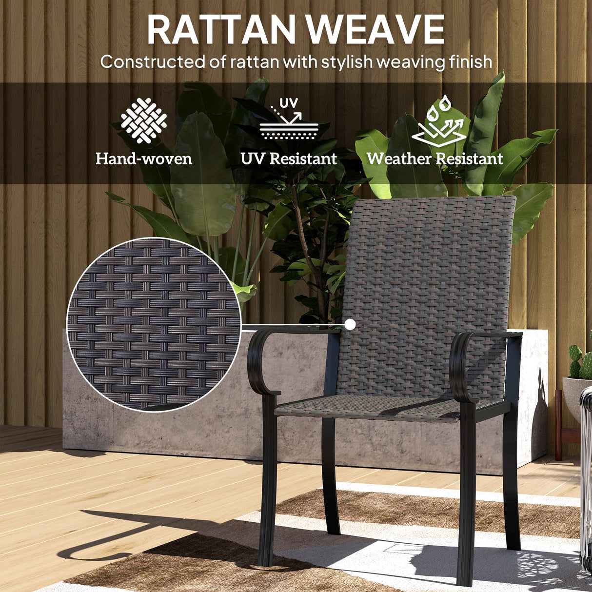 Outsunny Set of 2 Outdoor Wicker Dining Chairs, All-Weather Rattan Armchairs with Armrests, Steel Frame, High Back and Deep Seating, for Garden, Patio, Deck, Yard, Poolside, Brown Outsunny