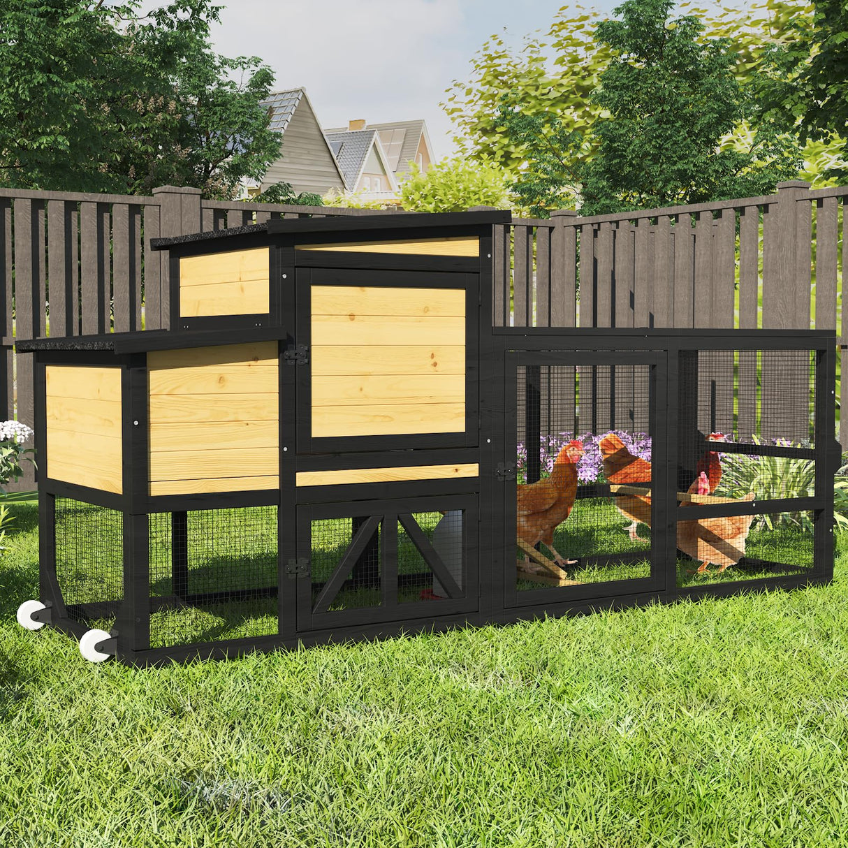 TIMHAKA 80'' Chicken Coop with Nesting Box, Outdoor Duck Coop, Chicken House for Outside, Wooden Chicken Coops with Run & Waterproof Asphalt Roof, Wheels, Removable Tray and Hanging Chicken Feeder TIMHAKA