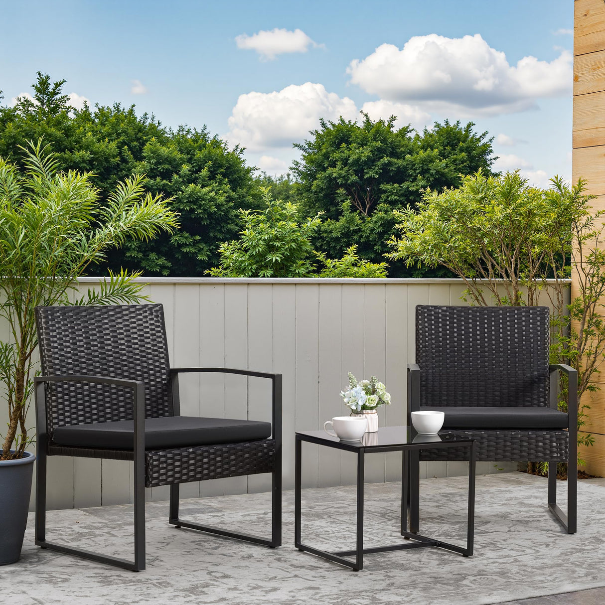 Greesum 3 Piece Wicker Conversation Bistro Sets Outdoor Patio Set Modern Rattan Chair Furniture Sets with Coffee Table for Yard Garden Porch Lawn (Black) Greesum