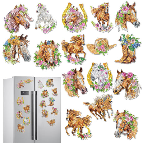 Sitsink Horse Diamond Painting Magnets - 16 Pcs Animals Theme Fridge Magnets DIY Cute Horse Stickers Diamond Art Kits for Adults Refrigerator Art Craft Home Decoration Car Sitsink
