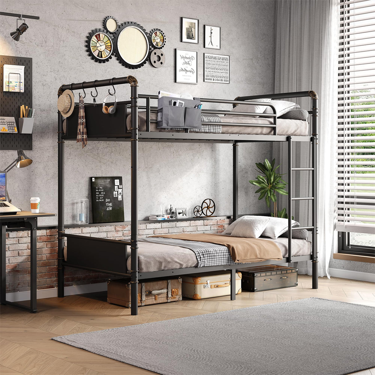 Jocoevol Bunk Bed Twin Over Twin, Heavy Duty Metal Bunkbeds with Ladder and Full-Length Guardrail, Convertible into 2 Individual Beds for Kids, Teens and Adults, Under-Bed Storage Space, Black Jocoevol