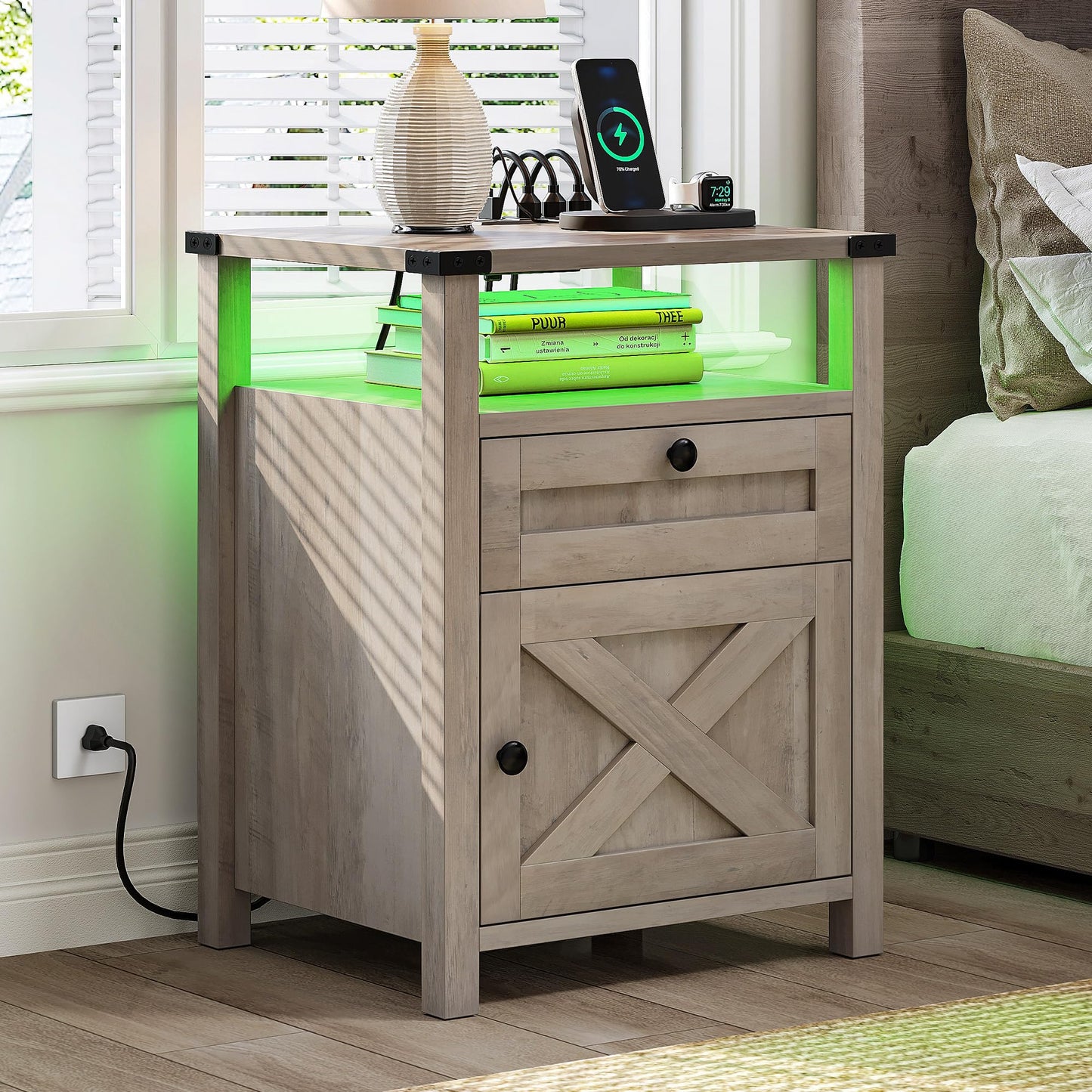 YITAHOME Farmhouse Nightstand with LED Lights & Charging Station, Night Stands with Drawer for Bedroom, End Side Table Bedside Table with Storage Cabinet, X-Design, Set of 2, Rustic Grey