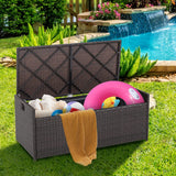 Tangkula 34 Gallon Outdoor Storage Bench with Seat Cushion, Patio Mix Brown Wicker Deck Box with Waterproof Liner and Side Handles, Outdoor Storage Bench for Cushions, Garden Tools, Pool Accessories Tangkula