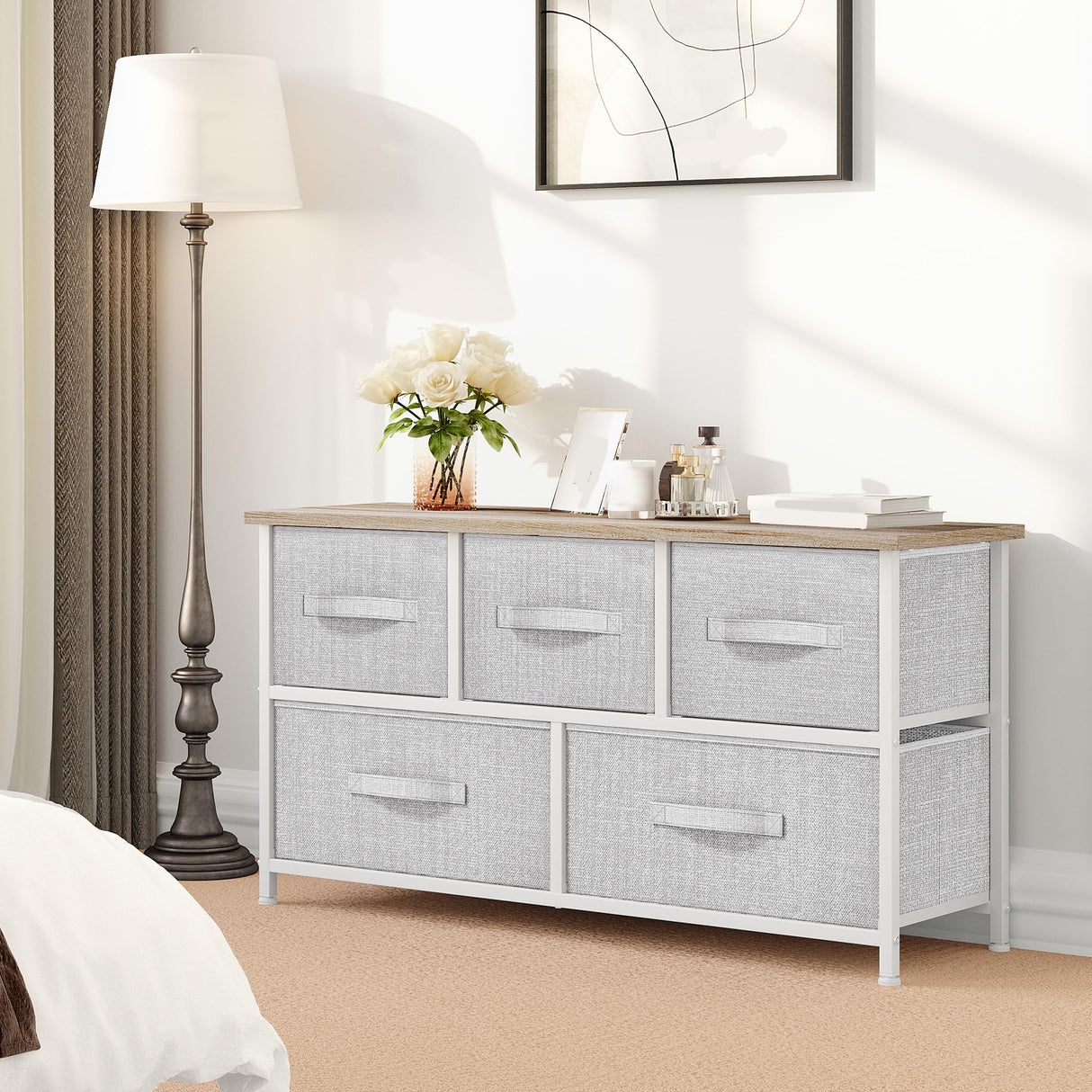 YITAHOME Dresser with 5 Drawers - Fabric Storage Tower, Organizer Unit for Bedroom, Living Room, Closets - Sturdy Steel Frame, Wooden Top YITAHOME
