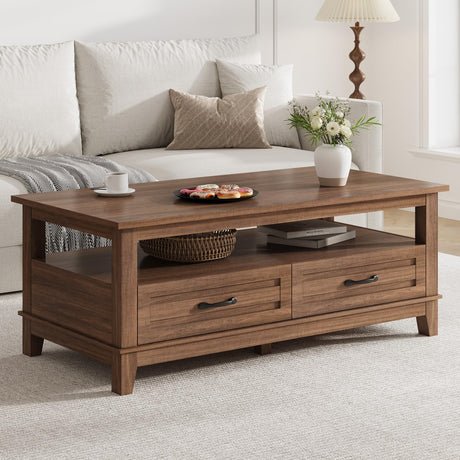 GarveeHome Farmhouse Coffee Table with Drawers, 47.2 in Center Table Rustic Coffee Tables Walnut Center Table with Open Shelf, 6 Support Legs GarveeHome