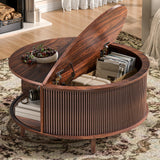 Round Coffee Table, 31.5" Fluted Center Table with Storage, Lift-Top Coffee Table with Adjustable Footpads, Sliding Door, Mid-Century Modern Center Table for Living Room, Small Space (Walnut) BEROXII