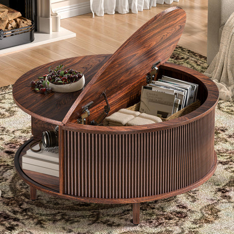 Round Coffee Table, 31.5" Fluted Center Table with Storage, Lift-Top Coffee Table with Adjustable Footpads, Sliding Door, Mid-Century Modern Center Table for Living Room, Small Space (Walnut) BEROXII