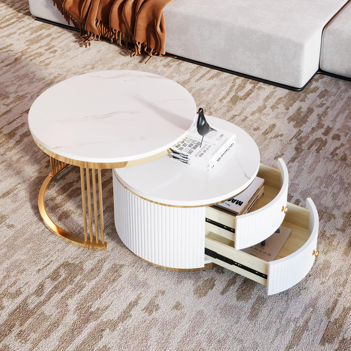 Merax 2 Pieces Modern Round Nesting Coffee Table with 2 Drawers, for Living Room, Small Space, Apartment, Gold+White Merax