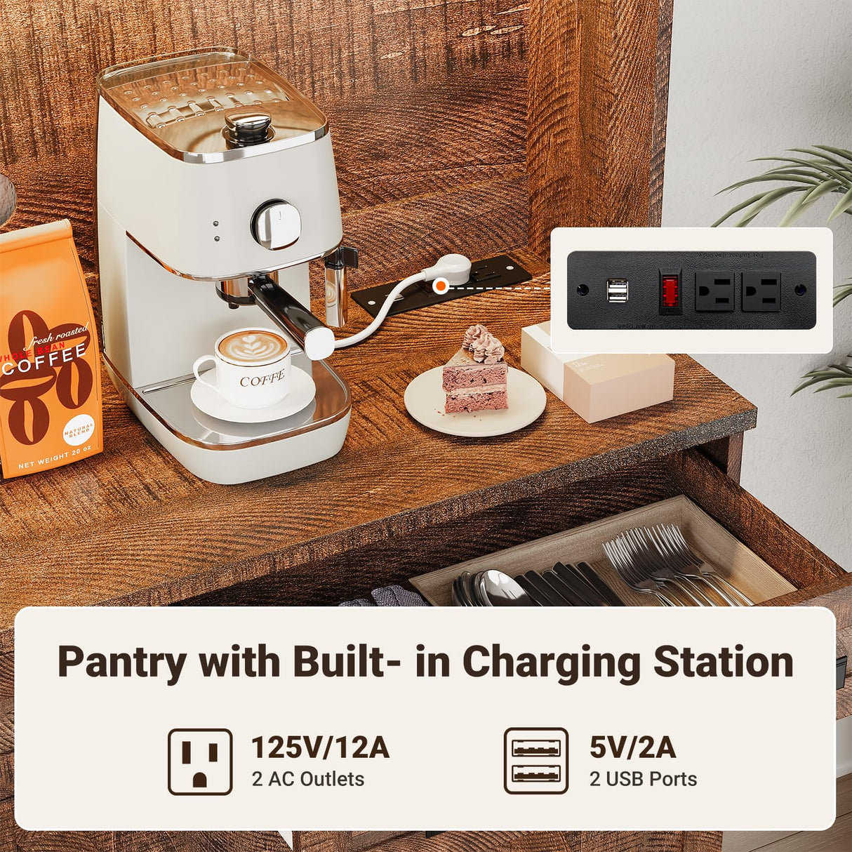 ELYKEN 71" Tall Ktchen Pantry Cabinet with Charging Station & LED Lights, Farmhouse Kitchen Hutch Cabinet with Microwave Stand & Large Countertop for Dining Room Living Room, Brown ELYKEN