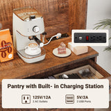 ELYKEN 71" Tall Ktchen Pantry Cabinet with Charging Station & LED Lights, Farmhouse Kitchen Hutch Cabinet with Microwave Stand & Large Countertop for Dining Room Living Room, Brown ELYKEN