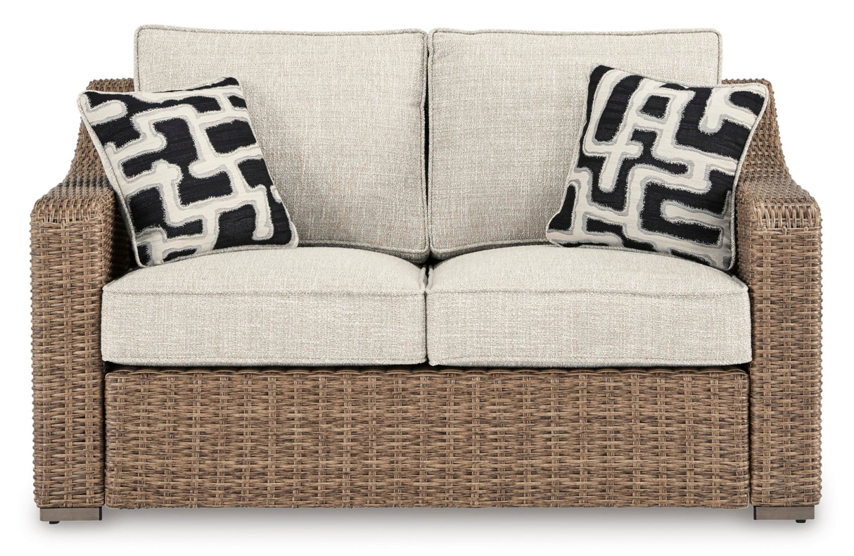Signature Design by Ashley Beachcroft Casual Weather Resistant Resin Wicker Outdoor Loveseat with Cushion and 2 Accent Pillows, Dark Brown & Beige Signature Design by Ashley