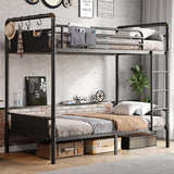 Jocoevol Metal Bunk Bed Twin Over Twin, Industrial Bunkbeds Heavy Duty Bed with Safety Guard Rails and Space-Saving Design, Steel Bed for School, Bedroom (Black Leather) Jocoevol