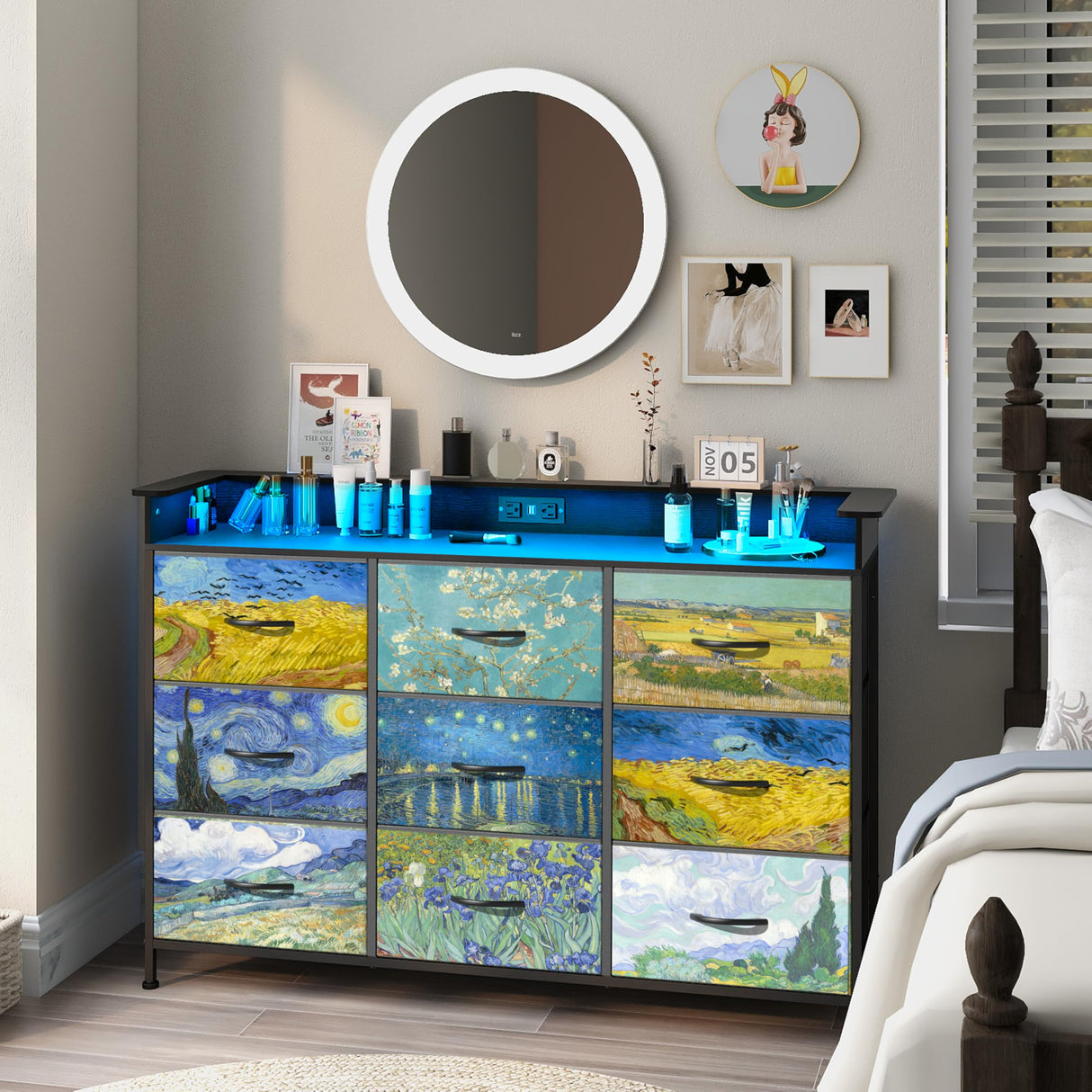 Welfuturer Dresser for Bedroom with 9 Drawers Van Gogh Dressers & Chest of Drawers Fabric Clothes Drawer Fabric Closet Organizer for Living Room Entryway Closet Nursery Sturdy Steel Frame Wood Top Welfuturer