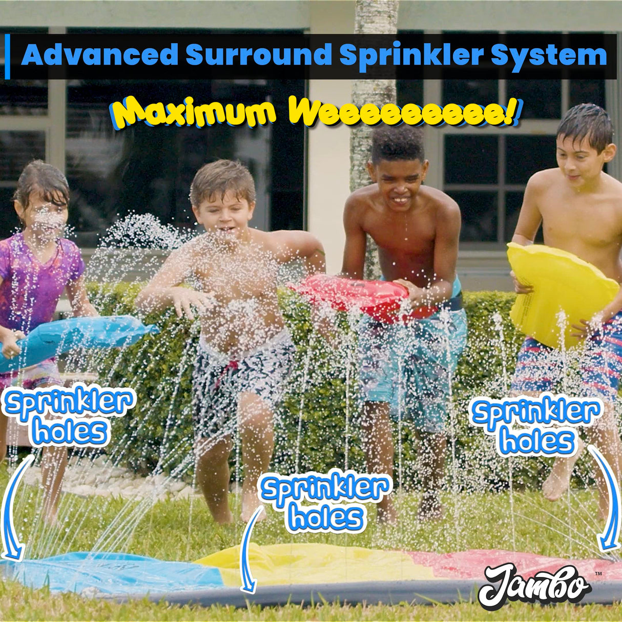 JAMBO 16Ft Premium 3 Lane Slip Splash and Slide with Bodyboards, Heavy Duty Water Slide- Advanced 3-Way Sprinkler System, Splash Mat Splash Pad Backyard Waterslide Outdoor Water Toys n Slides for Kids JAMBO