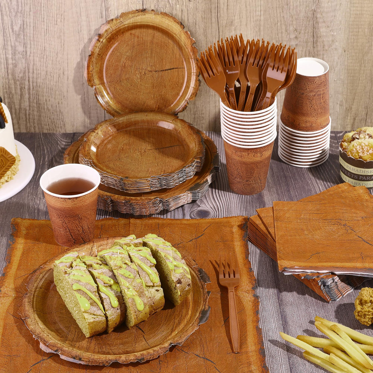 Kochorie 144 Pieces Camping Wood Grain Slice Tableware Sets Rustic Wood Party Decorations Paper Plates Napkins Cups Forks Serves 24 for Forest Themed Party Decorations Hunting Birthday Supplies Kochorie