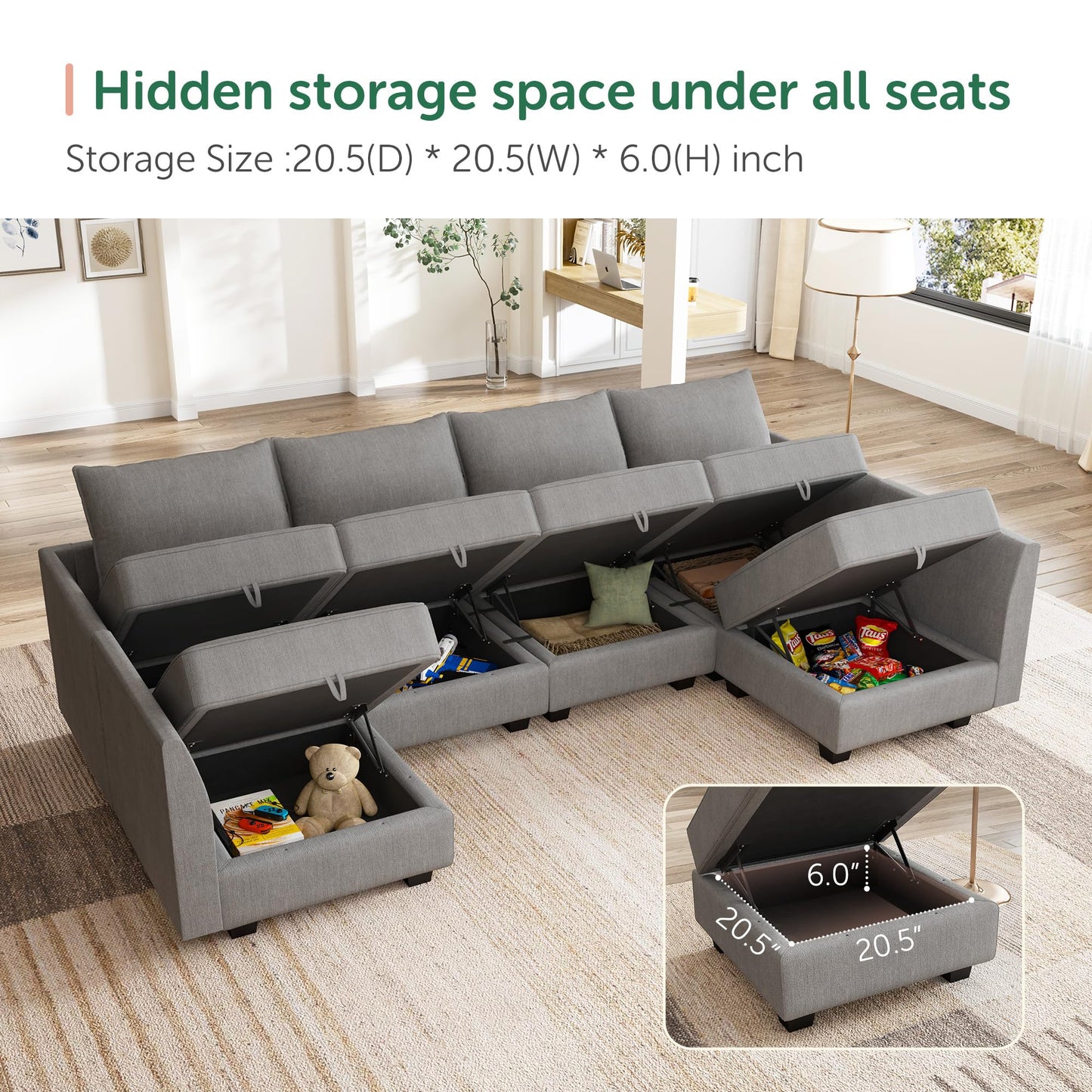 HONBAY Modular Sectional Sofa U Shaped Sectional Modular Sofa with Storage Convertible Modular Sectional Couch for Living Room, Grey