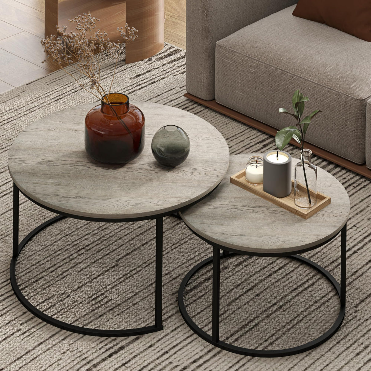 Otterease Nesting Tables Set of 2, 31.5" Round Coffee Table, Small Nesting Coffee Table with Adjustable Non-Slip Fee, Wood Grain Top Nesting Tables for Living Room, Bedroom (Wood Grain Grey) Otterease