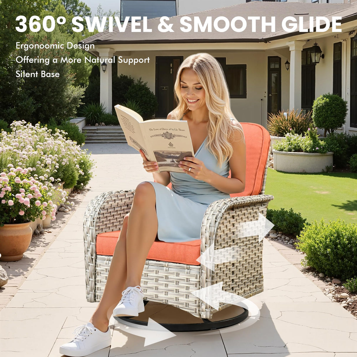 Outdoor Sectional Patio Furniture Set with Fire Pit Table and Swivel Rocking Chairs,11 Pieces Wicker Conversation Sets L Shaped Couch Out Door Sofa Outside Furniture for Garden Deck,Orange Red POUUIN