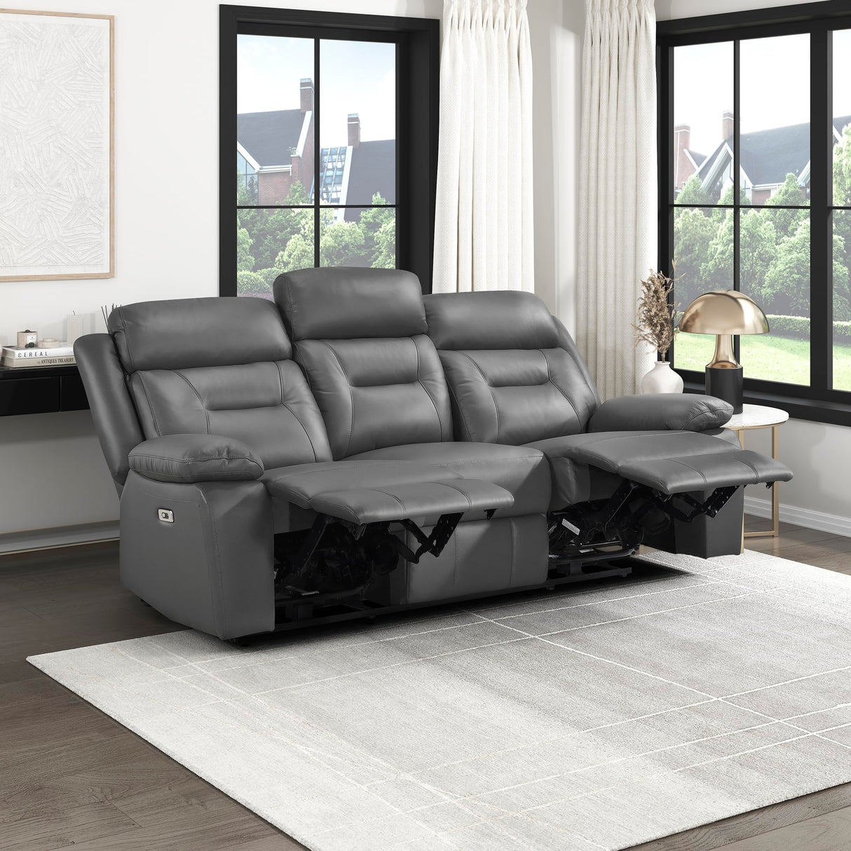 Lexicon Power Double Recliner Sofa, Top Grain Leather Match Reclining Sofa with Pillow Top Armrests, Home Theater Seating, Wall Hugger Recliner Couch with USB Port, 87" W, Dark Gray Lexicon