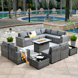 HOOOWOOO Outdoor Patio Sectional Furniture Sofa Set with Propane Fire Pit Table,13 Piece Large Modern Wicker Couch with Widened Armrest,Modular L Shaped Conversation Seating Set(Grey Strip) HOOOWOOO