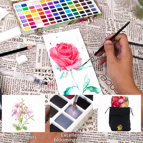 TBC The Best Crafts 84 Colors Watercolor Paint Set For Kids, Students and Artists, Amateur,Beginner.Set includes Coloring Sheets, Black Dual Tip Acrylic Paint Markers, Storage Bag TBC The Best Crafts