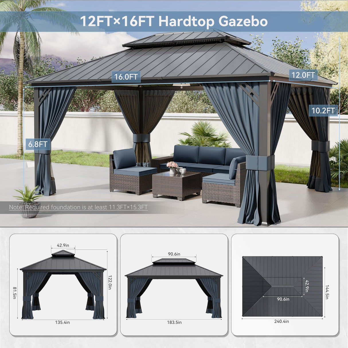 Kurapika 12' x 16' Hardtop Outdoor Metal Gazebo with Galvanized Steel Double Roof Canopy, Curtain and Netting, Aluminum Permanent Pavilion Gazebo, Navy Blue Kurapika