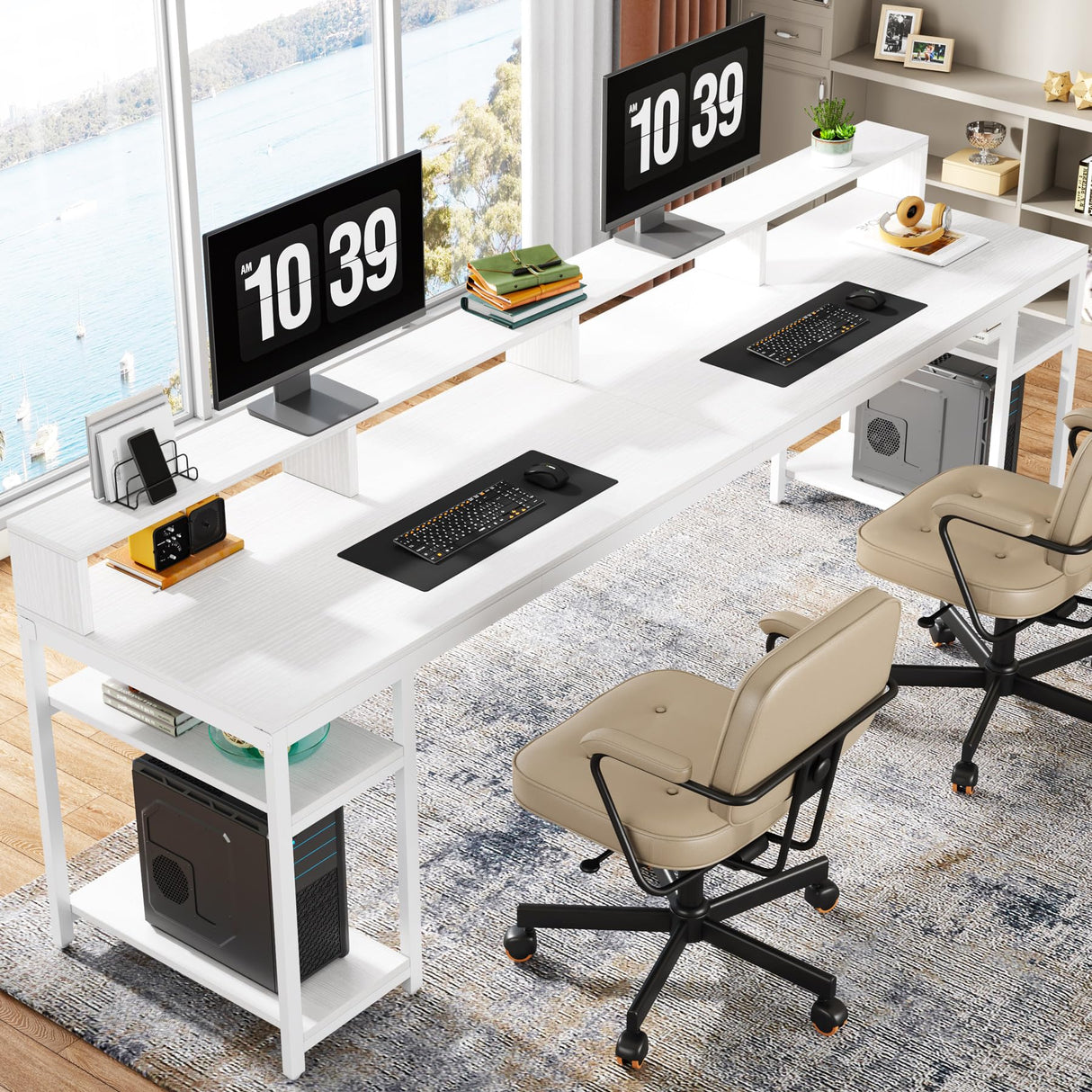 Tribesigns Two Person Desk with Monitor Stand, 78.74" Long Double Computer Office Desk with Storage Shelves, Large Gaming Desk Study Writing Table Workstation for Home Office (White) Tribesigns