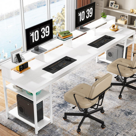 Tribesigns Two Person Desk with Monitor Stand, 78.74" Long Double Computer Office Desk with Storage Shelves, Large Gaming Desk Study Writing Table Workstation for Home Office (White) Tribesigns