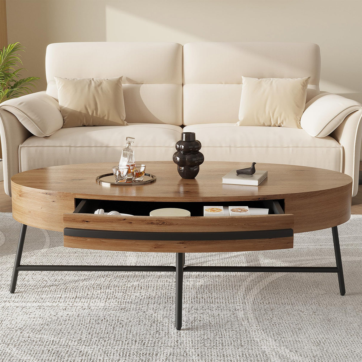 GarveeHome Oval Coffee Table with Drawer Mid-Century Modern Center Table 47.2“ Wooden Coffee Table with Storage and Cross Metal Legs Unique Curved Design for Living Room (Natural) GarveeHome