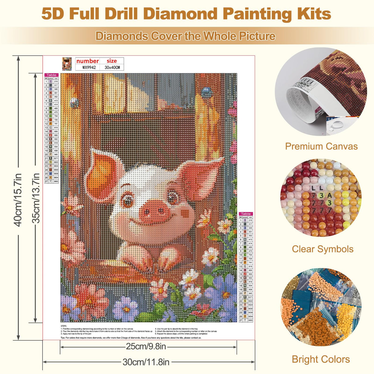 MEIYUDA 5D Pig Diamonds Painting Kits for Adults, DIY Flowers Cute Pig Round Full Drill Diamond Art for Adults Beginners, Cartoon Animals Crafts Kits for Home Wall Decor Present 12×16inch MEIYUDA