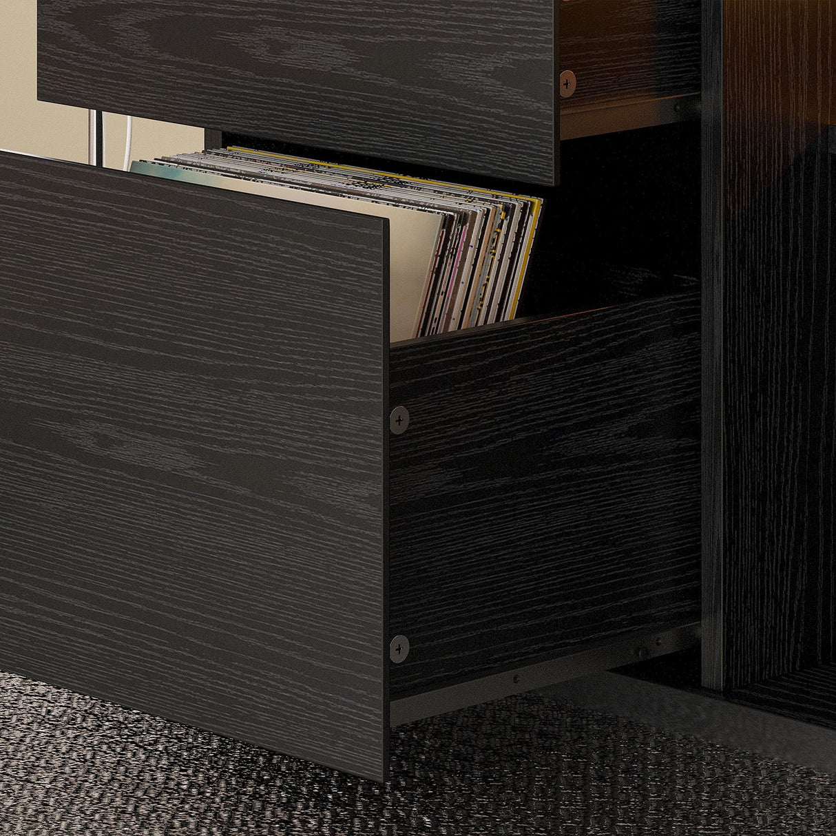 LIKIMIO Black Night Stand with Shelves, Charging Station & LED, 2 Drawer Wooden Bedside Table Record Player Stand for Bedroom, Entryway, Large LIKIMIO