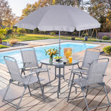 Vongrasig 6 Pieces Folding Patio Dining Set, All Weather Small Metal Outdoor Table and Chair Set, Garden Patio Furniture Set w/Umbrella, Glass Table & 4 Folding Chairs for Lawn, Backyard, Silver Vongrasig
