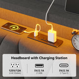 Floating Bed Frame King Size with LED Lights & Private Storage Headboard, King Floating Bed with Charging Station, Fabric Platform Bed, No Box Spring Needed, Noise-Free, Dark Gray BYSAUD