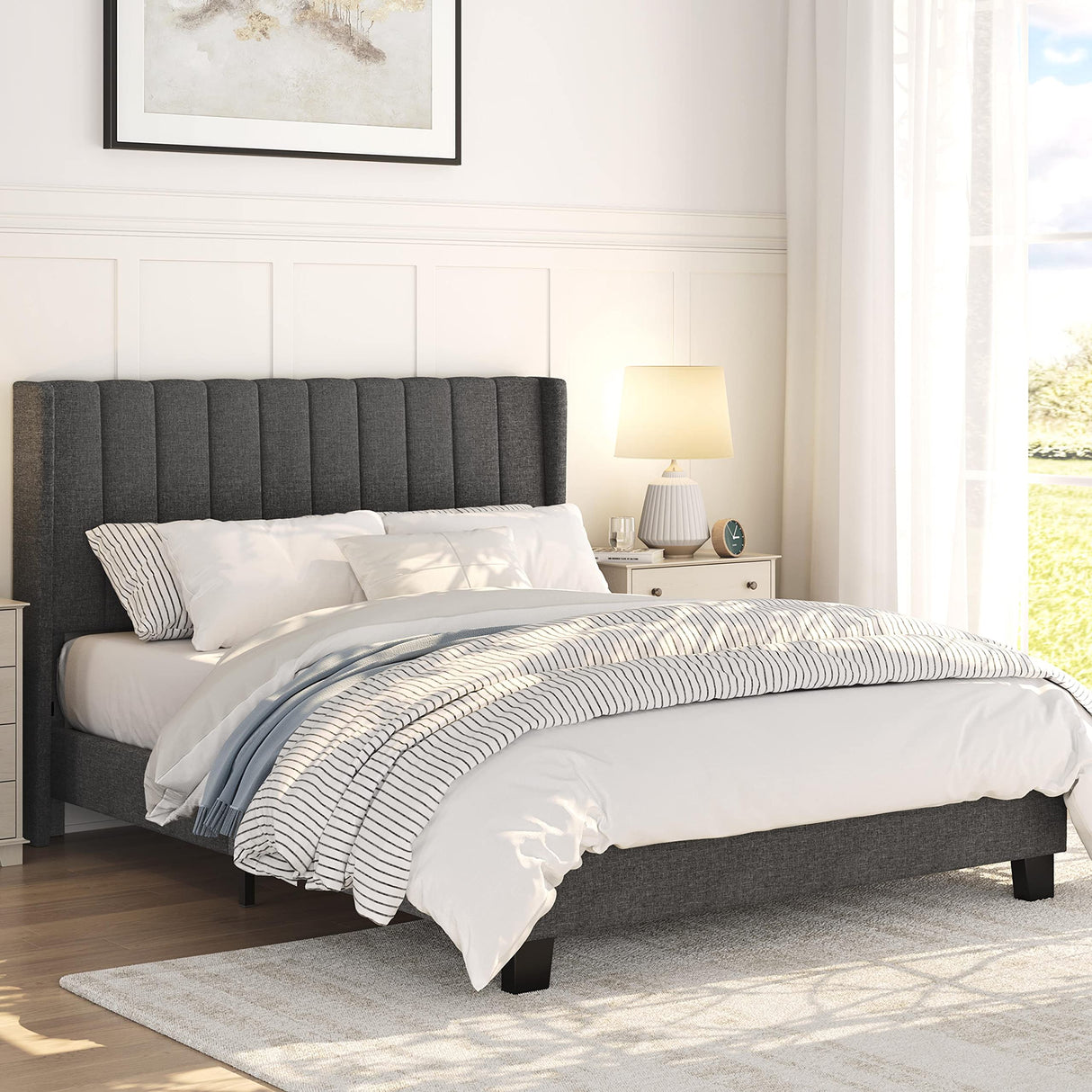 Yaheetech Upholstered Queen Size Bed Frame with Winged Headboard and Wooden Slats Support in Dark Gray Yaheetech