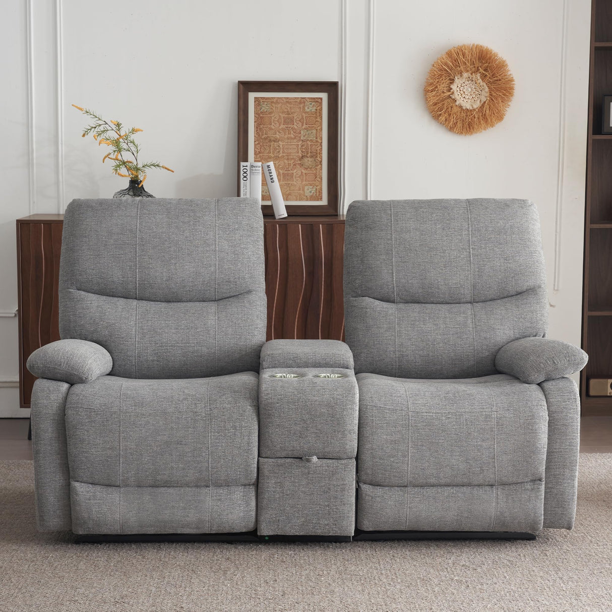 GUEAPY Manual Reclining Loveseat Sofa, Double Recline Love seat with Heat & Massage, Cup Holders & Storage Pocket, Comfortable Reclining Loveseat for Home Theater, Living Room, RV Recliner Grey GUEAPY