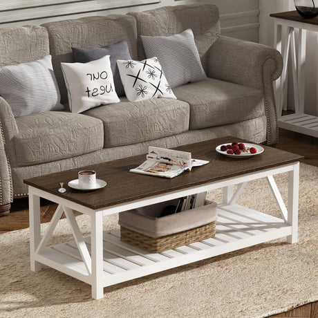 ChooChoo Farmhouse Coffee Table, Rustic Vintage Living Room Table with Shelf, 47 White ChooChoo