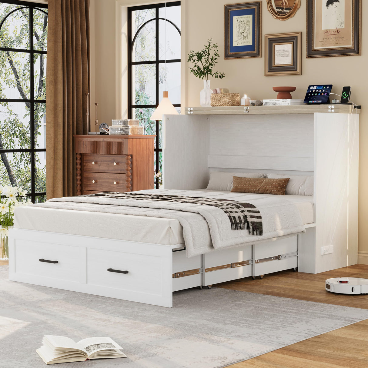 Bellemave Full Size Murphy Bed, Cabinet Bed with Charging Station and Storage, Farmhouse Murphy Cabinet with Foldable Panel, Noisy Free, for Guest Bedroom, Living Room, Office, White Bellemave