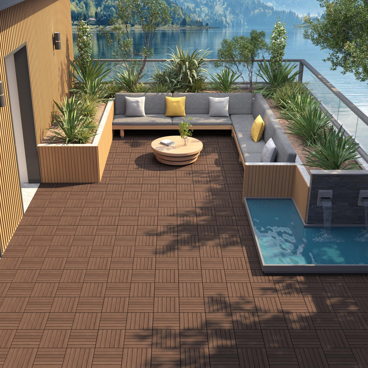 Yaheetech 27PCS Acacia Wood Interlocking Flooring Tiles Waterproof Flooring for Outdoor & Indoor Patio,Balcony,Garden,Poolside,12 × 12 in,Brown Yaheetech
