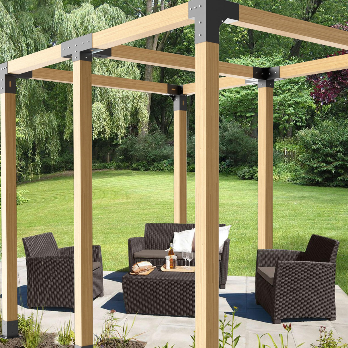 4x4 Pergola Bracket Kit - 2pcs 4-Way Heavy Duty Corner Brackets for 4''x4'' Wooden Beams (Actual 3.6''x3.6'') - Includes Stainless Steel Hardware for Patio Pergolas, Log Cabins & Outdoor Structures CHICAURA