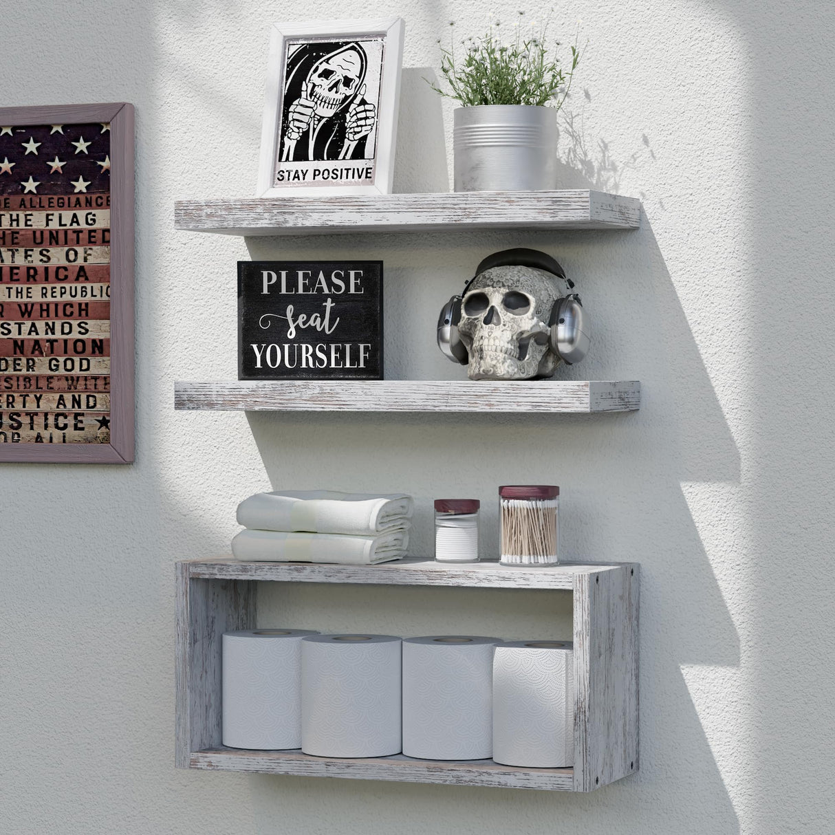 RICHER HOUSE Floating Shelves Set of 3, Farmhouse Bathroom Shelves Wall Mounted Shelves with Invisible Brackets Over Toilet, Wall Shelves for Bathroom Bedroom, Living Room, Kitchen - Rustic White RICHER HOUSE