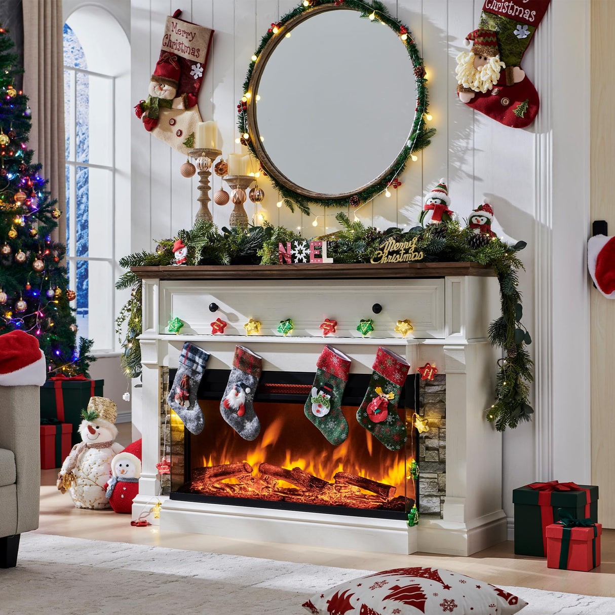 OKD 52" Electric Fireplace with Mantel, Freestanding Fireplace Heater TV Stand with 36" 3-Side Glass Insert for TVs Up to 65" with Storage Cabinet for Living Room, Antique White OKD