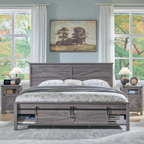 JXQTLINGMU King Farmhouse Wood Bed Frame with Sliding Barn Door Storage Cabinets, Solid Wood Slats Support, Noiseless, No Box Spring Needed, Grey JXQTLINGMU