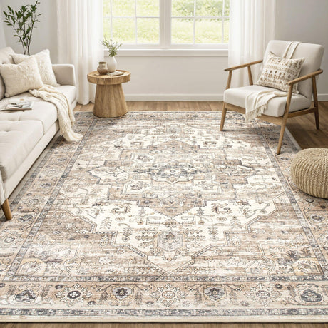 Area Rug 5x7 Washable Vintage - Soft Traditional Rugs for Living Room Large Non Slip Backing with Low Pile Farmhouse Oriental Retro Carpet for Bedroom Dining Room or Home Office - Tea Brown ZUNTKON