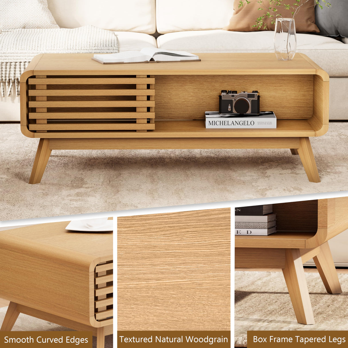 Coffee Table with Storage, Mid Century Modern Wooden Living Room Center Table, Furniture Farmhouse Wooden Coffee Table for Living Room, Oak Royal Windsor