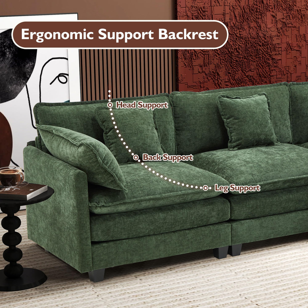 Ihanherry 111.4" L Shaped Modern Sofa Modular Sectional Cloud Couch with Ottoman, 4-Seat Chenille Deep Seat Sofa with Pillow for Living Room, Bedroom and Apartment, Green Ihanherry